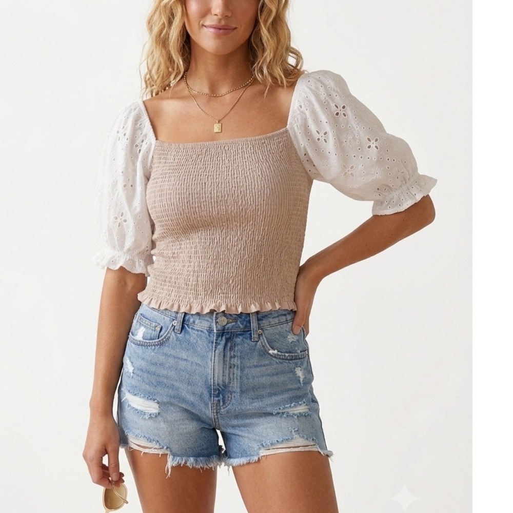 Beige Smocked Broderie Anglaise Square Neck Cottagecore Puff Sleeve Top